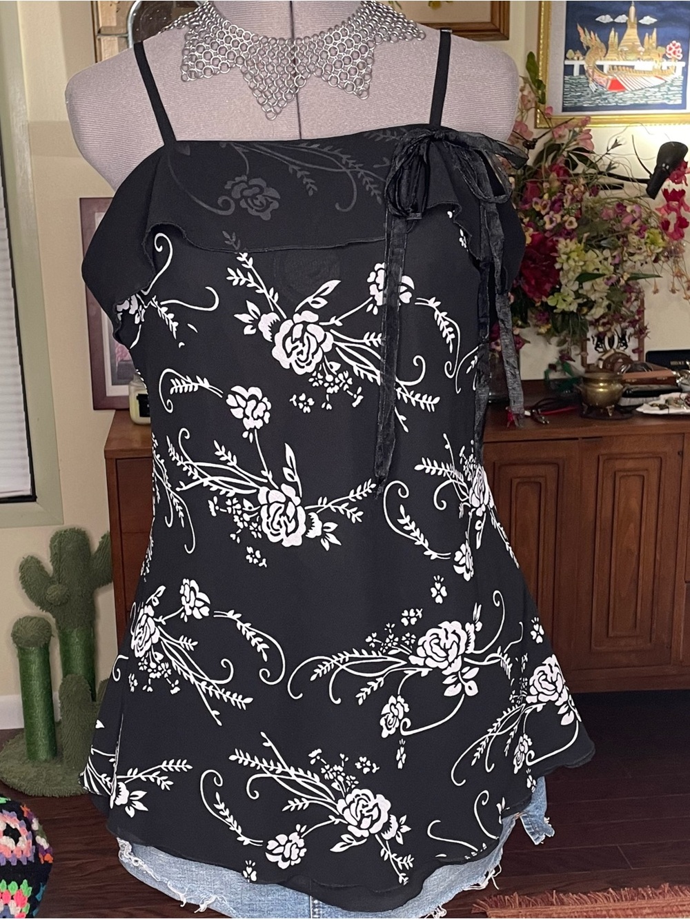 Womens Black Floral Spaghetti Strap Top with Bow